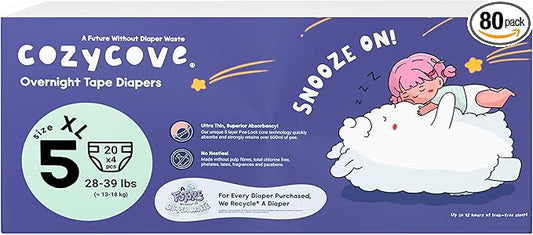 Cozycove Size 5 XL (28-39 lbs) Diapers, 80 Count, Totally Chlorine Free, Skin-Friendly Material | Snooze On Slim Overnight Tape Disposable Diapers | 4 Bags of 20