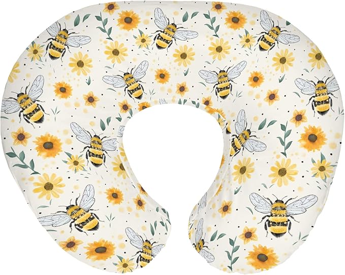 Boho Bees Sunflowers Baby Nursing Pillow Covers for Boy Girl Watercolor Bee Yellow Floral Nursing Pillowcase for Breastfeeding Pillows Spring Summer Soft Stretchy Slipcovers for Newborn Infant