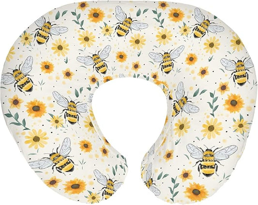 Boho Bees Sunflowers Baby Nursing Pillow Covers for Boy Girl Watercolor Bee Yellow Floral Nursing Pillowcase for Breastfeeding Pillows Spring Summer Soft Stretchy Slipcovers for Newborn Infant