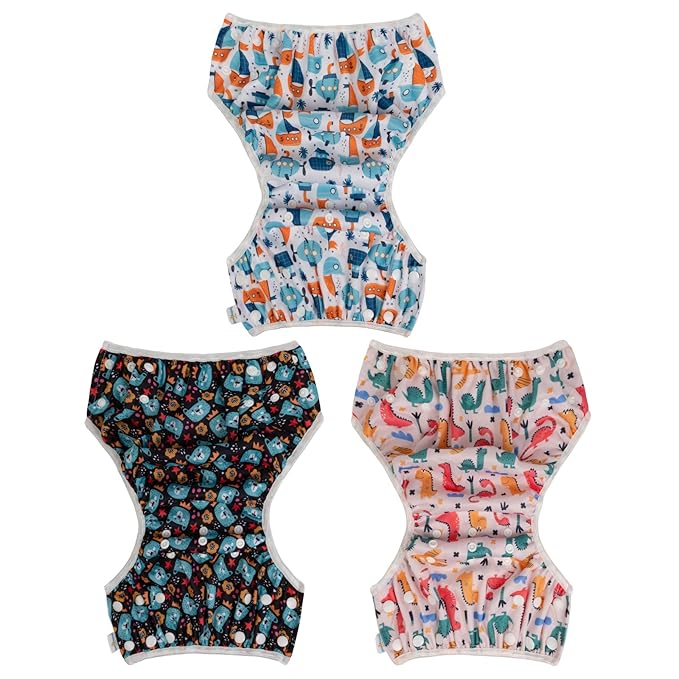 Babygoal Baby Swim Diapers 3 Pack for 0-8 Months Infant Girls and Boys, Reusable Adjustable Washable for Swimming Lessons-Boat, Bear,Dinosaur