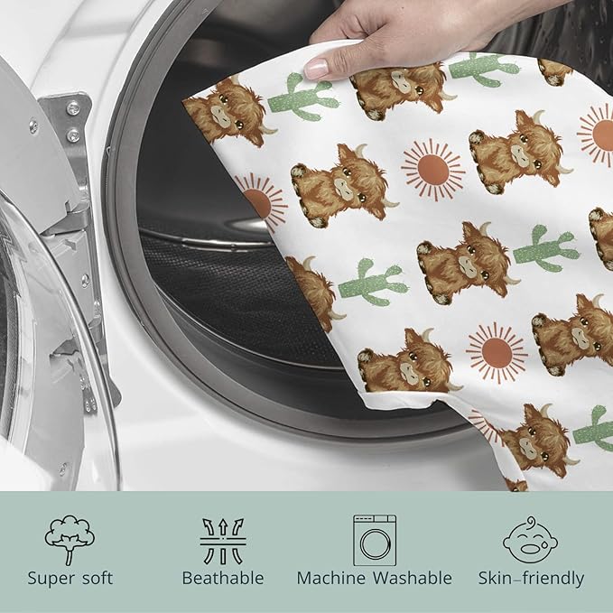 HawSkgFub Highland Cow Boho Cactus Sun Nursing Pillow Cover for Baby Boy Girl, Western Hyland Cattle Themed Breastfeeding Pillow Slipcover, Cow Lover Nursing Pillowcase for Newborn Infant, Cover Only