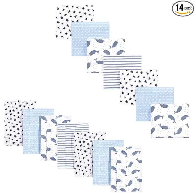 Hudson Baby Unisex Baby Cotton Flannel Burp Cloths and Receiving Blankets, 14-Piece, Narwhal, One Size