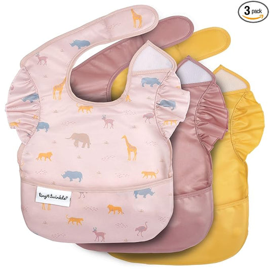 Tiny Twinkle Mess-Proof Baby Bibs for Eating | Waterproof, Wipeable Toddler Bibs with Catch-All Pocket | Feeding Bibs for Girls & Boys(3 Pack,Petite Safari)