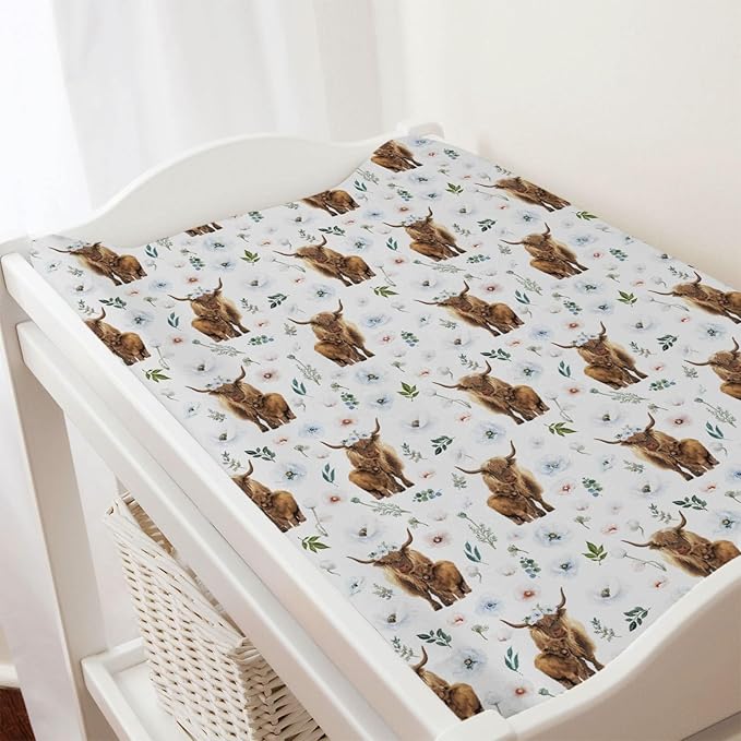 Highland Cow Poppy Leaves Baby Changing Pad Cover for Boy Girl 32''x16'' Highland Yak Boho Floral Fitted Diaper Change Table Sheets Farm Animal Comfort Soft Breathable Nursery Changing Table Mats