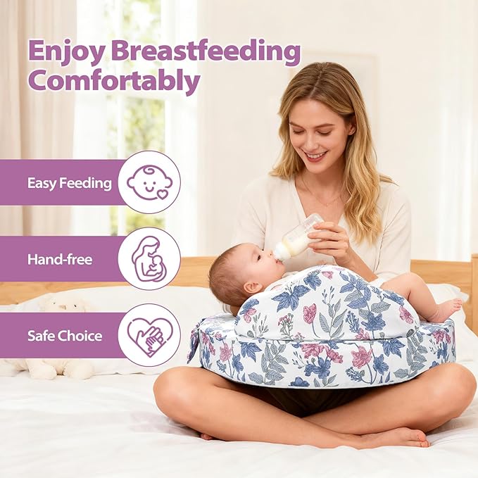 Nursing Pillow - Memory Foam Bottle & Breastfeeding Pillow with Safety Fence - Ergonomic Support, with Wider Breast Feeding Cushion, Adjustable, Removable Cover, Baby Safety Certified Violet