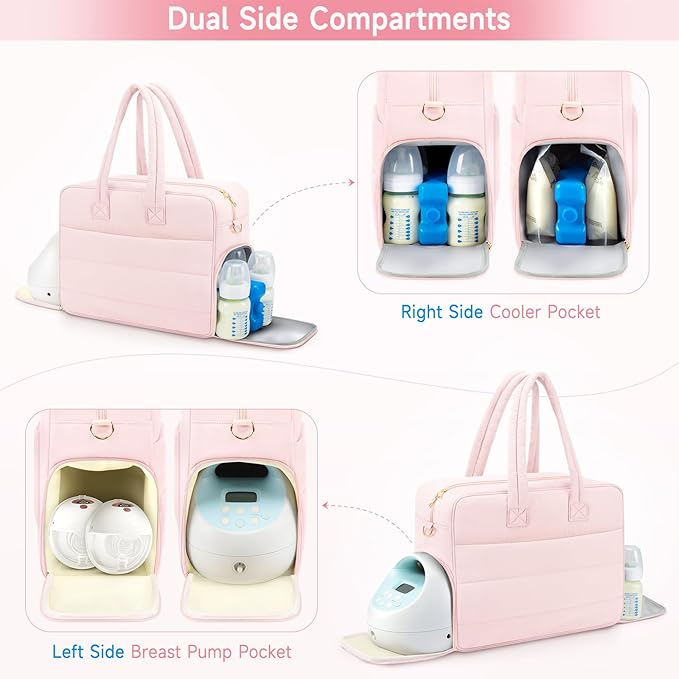 Breast Pump Bag with Insulated Breast Milk Cooler Pocket, Fits Spectra S1/S2 & Most Pumps, Water‑Resistant Work & Travel Tote with 15.6" Laptop Sleeve, Stroller Straps, Luggage Sleeve & Ice Pack, Pink