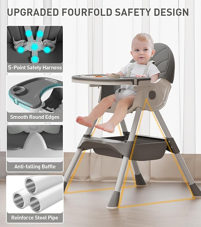 Baby High Chair, 5 in 1 High Chairs for Babies and Toddlers, Travel Foldable High Chair with Detachable PU Cushion, Double Removable Tray, Adjustable Height & Recline, Locking Wheels (Grey)