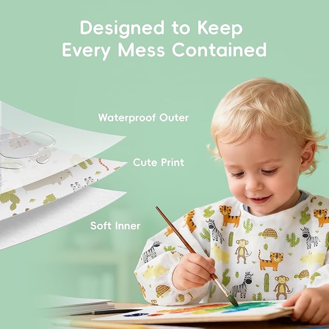 KIIS Disposable Baby Bibs, Waterproof Smock Bibs, Full Coverage for Toddlers & Kids, Mess-Free Feeding for Travel & Daycare