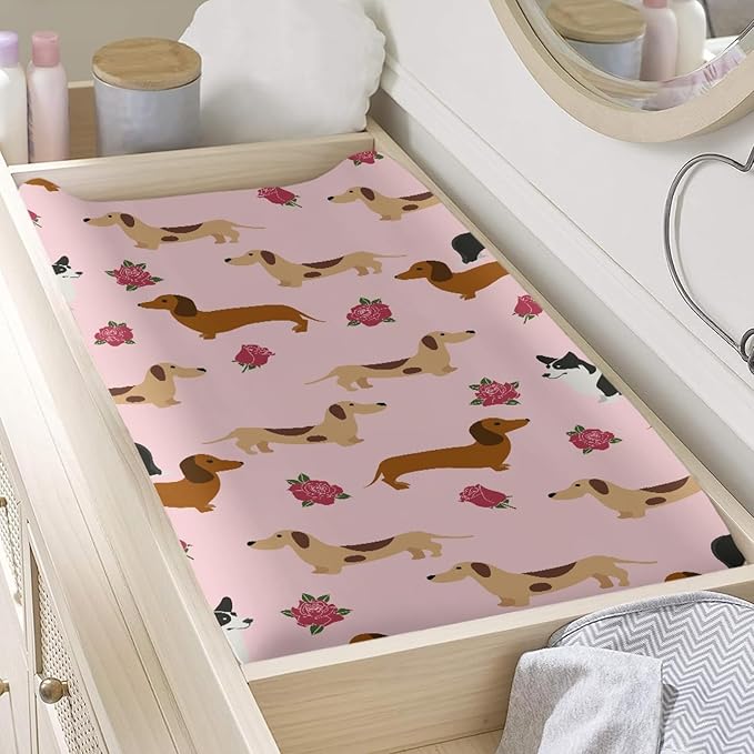 GOSTONG Diaper Changing Pad Cover Dachshund Dog Rose Flower Softness Washable Elastic Baby Nursery Diaper Changing Pad Protectors Fits 32 x 16 Inch Diaper Table