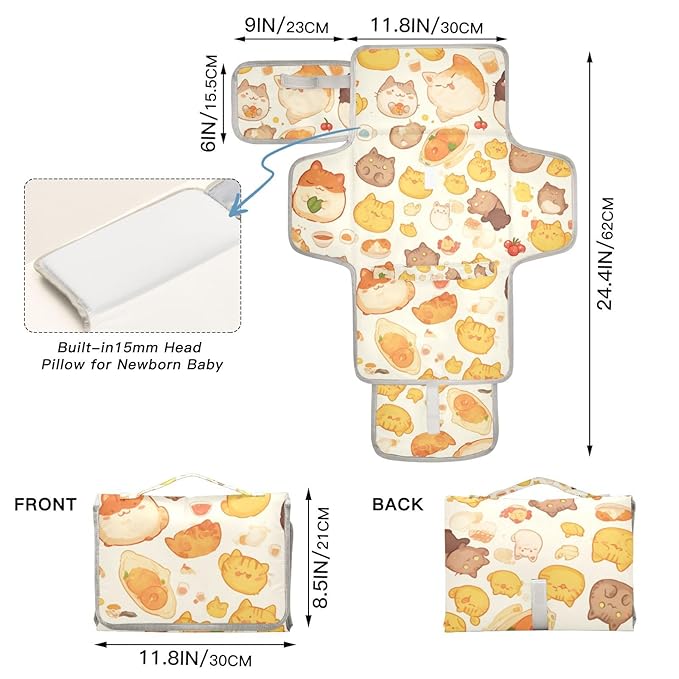 Portable Diaper Changing Pad Travel Baby Changing Mat Waterproof Diaper Changing Mat Foldable Lightweight Baby Changer with Built-in Pillow Orange British Shorthair Cute