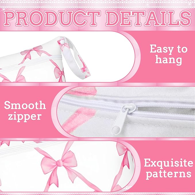 Sanwuta 2 Pack Wet Bags Resuable Waterproof Wet Dry Bag for Swimsuit Travel Beach Pool Bathing Diapers Dirty Yoga Gym Clothes Toiletries with Zippered Pockets(Pink Bow,Pink and White)