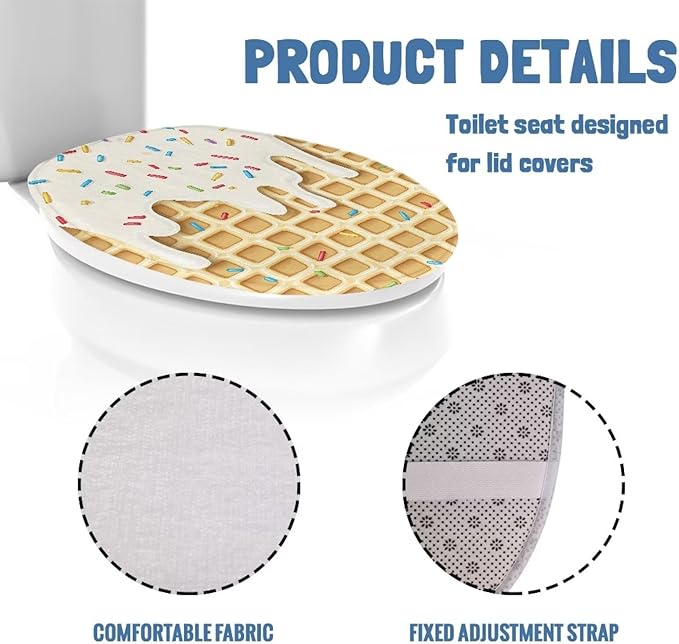 Bathroom Toilet Lid Seat Toilet Protector Dust Cover Soft Flannel Fabric Toilet Seat Cover Covers Stains, Stays Clean, Easy To Install Ice Cream Waffle Design Toilet Covers