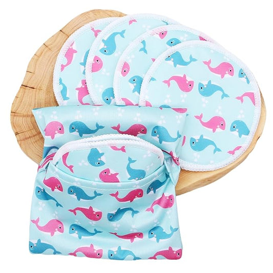 Reusable Nursing Pads with Heart Pattern, White and Black, Washable Breastfeeding Pads with 1 Pouch (6+1dolphin)