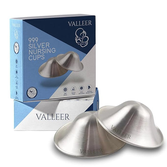 VALLEER® Pure Silver Nursing Cups – 925 Silver Nipple Shields for Breastfeeding – Soothes & Protects Sore or Cracked Nipples – Hypoallergenic & Reusable Nursing Essentials (999 Silver - XL Size)