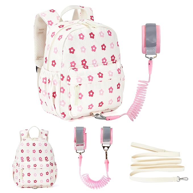 Corduroy Toddler Backpack with Detachable Leash and Anti-Lost Wrist Link, Safety Harness Walking Backpack for Toddler Boys Girls 1-3, Cute Floral Travel Backpack with Leash for Kids