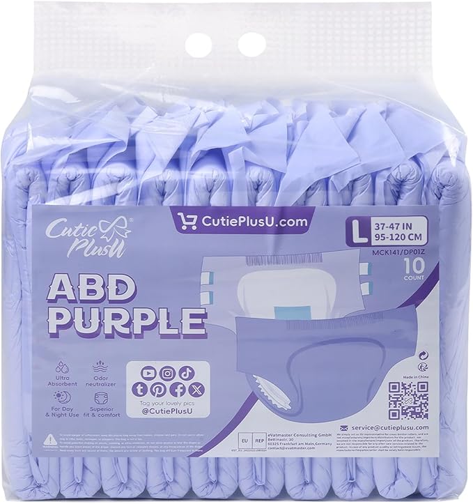 CutiePlusU Disposable Adult Diaper Heavy Absorption Dry Surface All Night- Purple 10 Pieces (Large 37"-47")