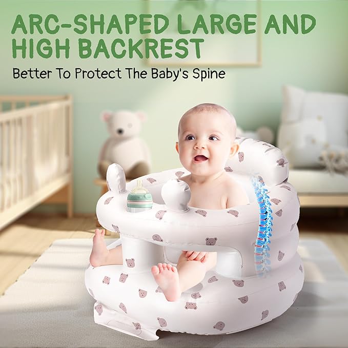 Inflatable Baby Seat for Babies 3-36 Months, Aloxina Sit Me Up Floor Chair with Built-in Air Pump, Squeaky Ears & Full Surround Design, Infant Support Seat for Sitting & Feeding (Bear)