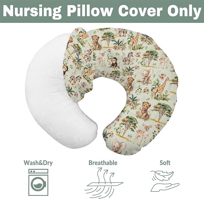 Safari Jungle Animals Baby Nursing Pillow Covers for Boy Girl Lion Zebra Monkey Giraffe Elephant Trees Nursing Slipcovers for Breastfeeding Pillows African Animal Soft Stretchy Cover for Newborn