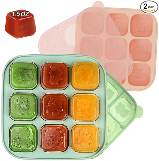 Silicone Freezer Tray with Lid, Food Storage Container for Homemade Baby Food, Vegetable, Fruit Purees, Breast Milk Feeder & Mini Nibble Combo, Breastmilk Popsicle Molds, 2 Pack(L)