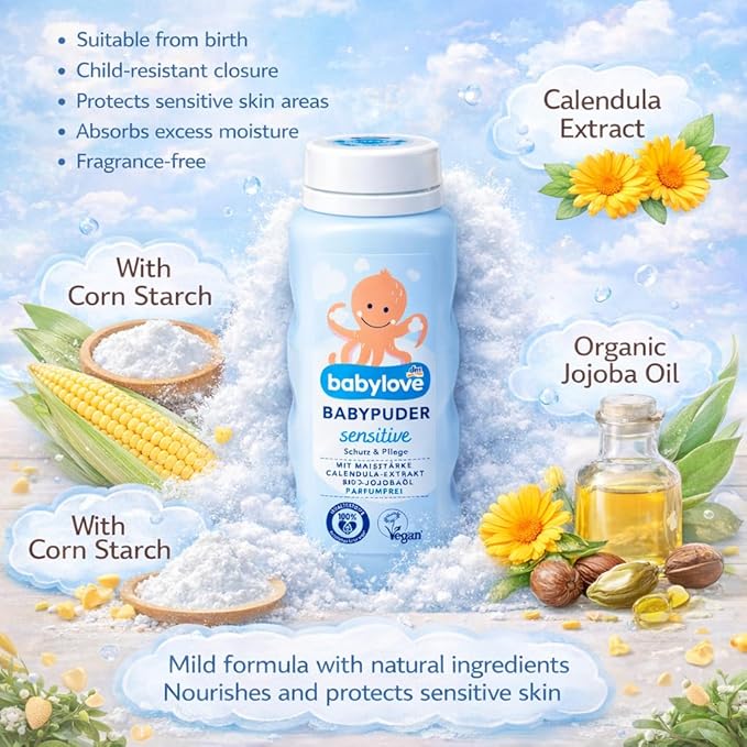 Babylove Baby Powder Sensitive with Calendula , Alcohol-Free, No Perfume, Vegan, 100g