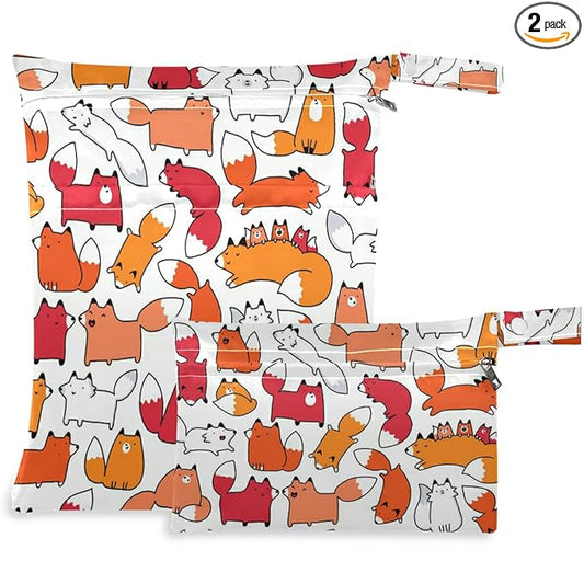 visesunny Funny Fox Animal 2Pcs Wet Bag with Zippered Pockets Washable Reusable Roomy Diaper Bag for Travel,Beach,Daycare,Stroller,Diapers,Dirty Gym Clothes,Wet Swimsuits,Toiletries
