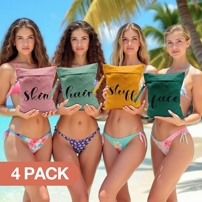 4 Pack Cute Wet Bag Waterproof Reusable Wet Dry Bag for Swimsuit Clothes Cloth Diaper Travel Pool Toiletries for Women Mom Birthday Christmas (Pink Green Yellow Face Stuff Skin Hair Organizer Gift)
