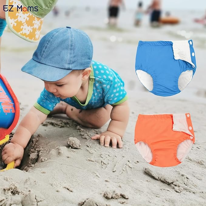 EZ Moms 2 Packs Reusable Swim Diapers Toddler Baby Swim Diaper Size 3 Washable Snap Pool Swimming Diaper 3T Soft and Silky Waterproof Diapers for Swimming Lessons Boys and Girls with a Laundry Bag