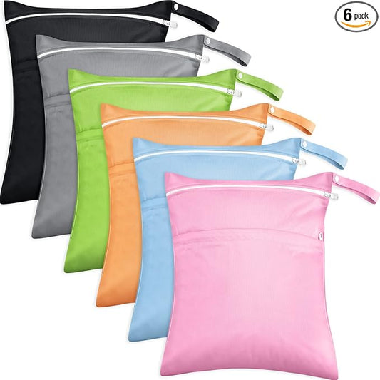Kenning 6 Pack Wet Dry Bags Waterproof Reusable Cloth Diaper Storage Pouches with Double Zipper Compartments for Swimsuits Gym Clothes Travel Baby Essentials Beach Pool Daycare Laundry Organization