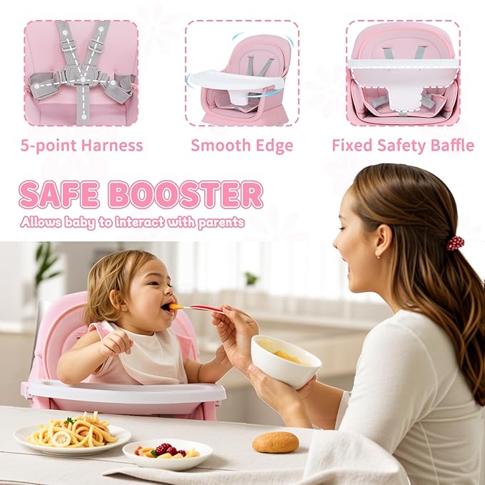 Kinder King 8 in 1 Baby High Chair, Coverts to Dining Booster Seat/Kids Table & Chair Set/Toddler Building Block Table/Kids Stool, Removable Tray & Double Seat Cover, Easy to Wipe, Pink & White