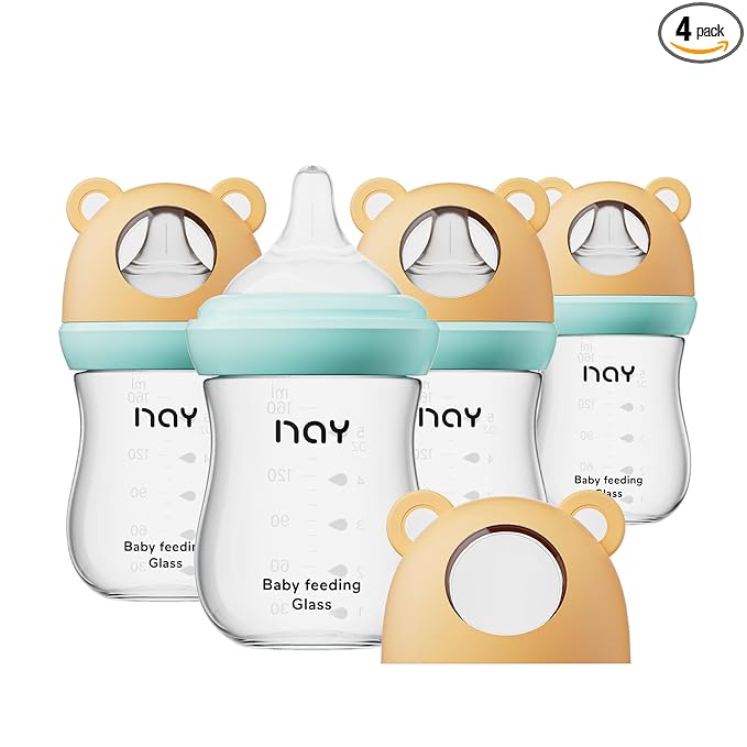 yanyoyo Natural Glass Baby Bottle for Breastfeeding Babies, 5.4oz Anti-Colic Baby Bottle with Natural Response Nipple(S), Clear, Wide Neck, 4 Pack, 1 Months+
