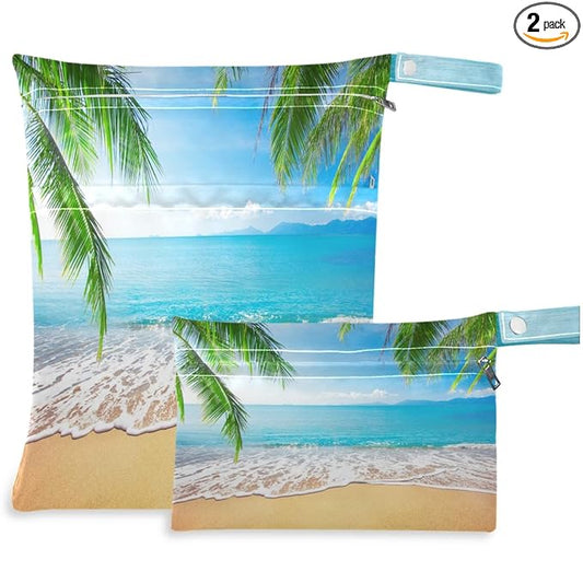 visesunny Palm and Tropical Beach 2Pcs Wet Bag with Zippered Pockets Washable Reusable Roomy for Travel,Beach,Pool,Daycare,Stroller,Diapers,Dirty Gym Clothes, Wet Swimsuits, Toiletries