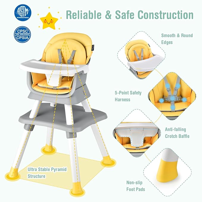 GLACER 8 in 1 Convertible Baby High Chair - Adjustable High Chairs for Babies and Toddlers with Removable Tray, Dual Cushions, Activity Table and Chair Set, Booster Seat, Stool (Yellow)