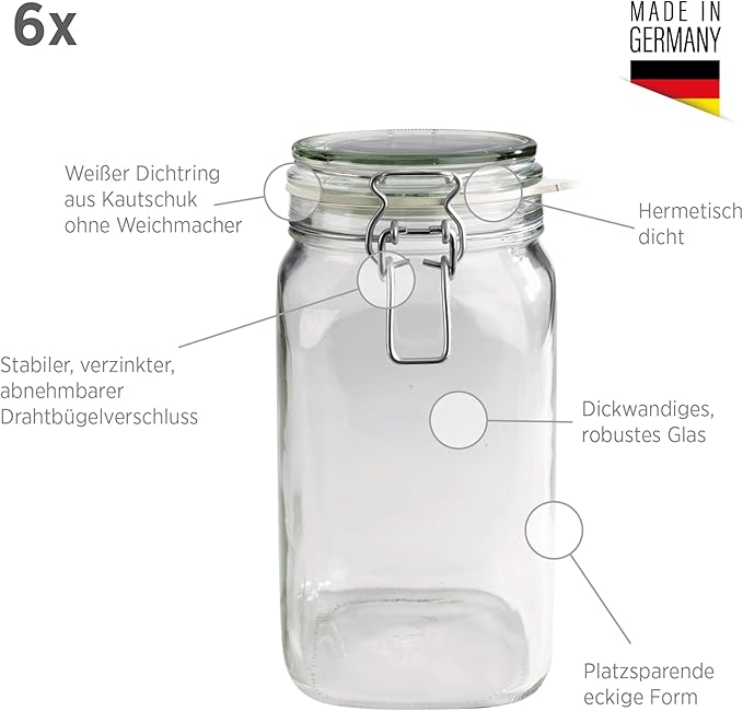 Mäser, Gothika Series, 6 x 2.5 litres Medium Storage Glasses with Swing Top, Gherkin Clip Top Glass Jars