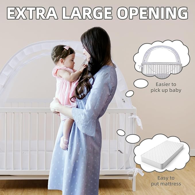 Lazyzzzz Crib Tent - Pop Up Crib Canopy with Double Zipper Self-Locked,1200 Holes/Inch Mesh Crib Net to Keep from Climbing Out, Portable Easy Install Mosquito Net 55" L x 27" W x 51" H White
