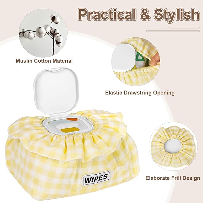 2 Pack Baby Wipes Cover – Muslin Cotton Wipes Dispenser, Universal Size Fits All Wipes & Tissues, Diaper Pouch for Nursery, Living Room & Diaper Station (Yellow+Yellow)