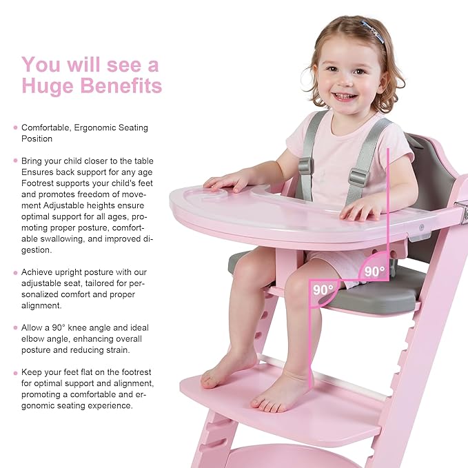Cowiewie New Upgrade 3-in-1 Convertible Wooden High Chair for Babies & Toddlers 10 Levels Adjustable 3-Tier Remove 2 Waterproof Cozy Cushions Pink