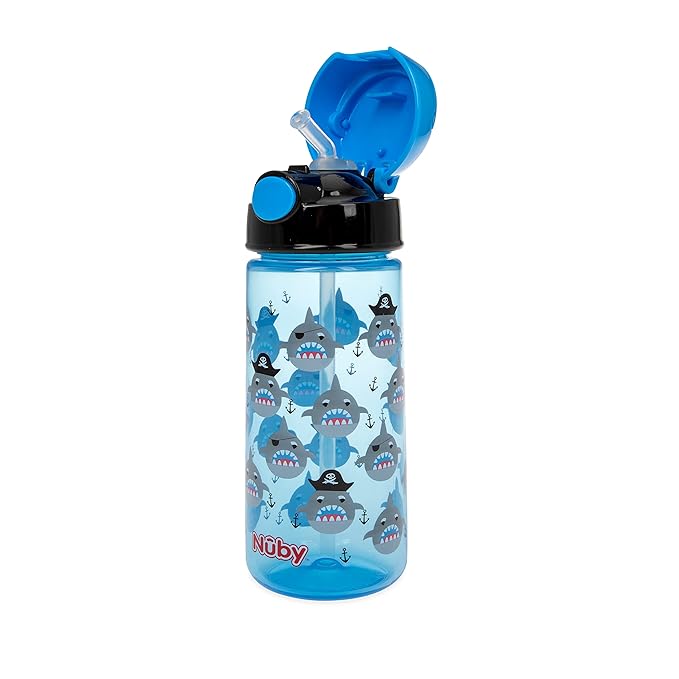 Nuby 2-Pack Kid’s Printed Flip-it Active Water Bottle with Push Button Cap and Soft Straw - 18oz / 540ml, 18+ Months, 2-Pack, Prints May Vary