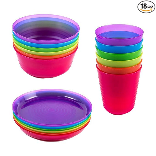 Kids Plastic Dinnerware Set of 18 Multi Color Pieces (Plates, Bowls, and Cups) - Reusable, BPA-Free, Dishwasher Safe and Microwaveable