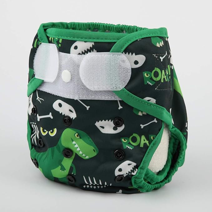 Baby Cloth Diaper Cover Nappy Hook and Loop Double Gusset for Boys (Green Dinosaurs) One Size