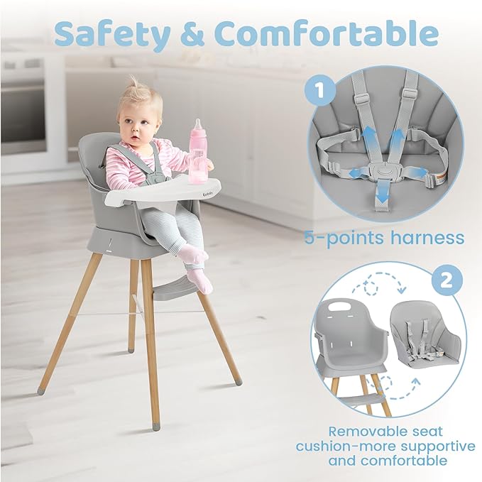 Ezebaby 6 in 1 Wooden High Chairs for Babies and Toddlers, Convertible Portable High Chair, Booster Seat for Dining Table,Toddlers Chair with Adjustable Legs & Dishwasher Safe Tray