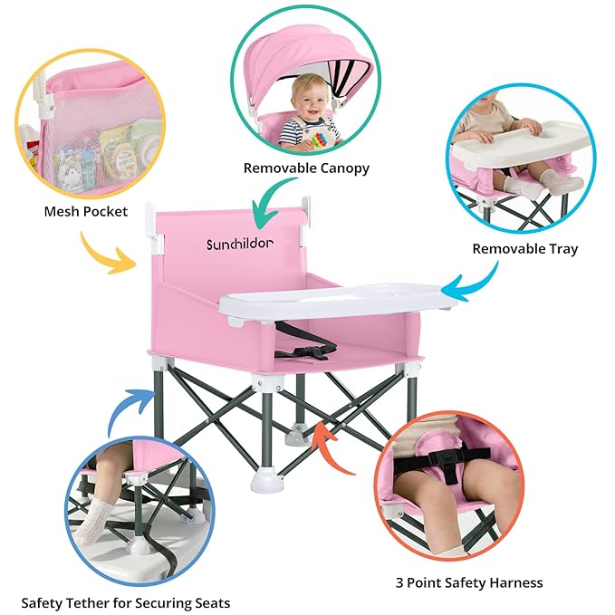 Portable Baby Booster Seat with Removable Tray & Canopy - 3 Point Safety Harness, Compact Fold for Travel, Indoor Outdoor Use for Infants & Toddlers, Pink