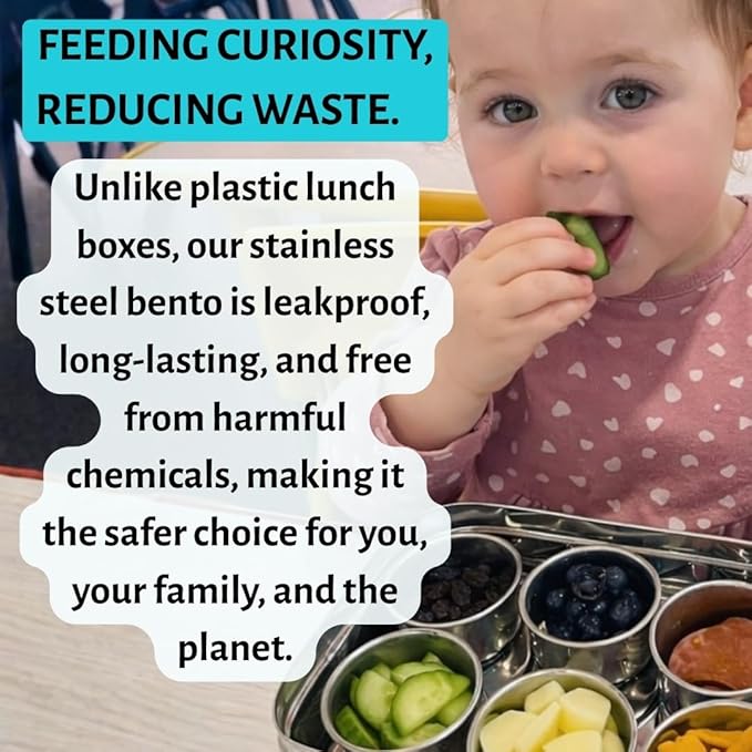 Stainless Steel Reusable Snack Bento Box: 6 50mL containers included | Plastic Free | Dishwasher Safe | No Spill, Leakproof | Perfect Toddler Lunch Box for School, Airplane, On-the-go