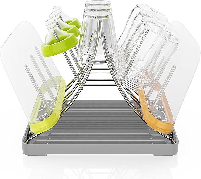 Baby Bottle Drying Rack, Space Saving Bottle Drying Tree Rack with Drainboard for Cups, Mugs and Glass, Sports Bottle, Holds Up to 15 Baby Bottles ，Foldable,Stainless Steel,