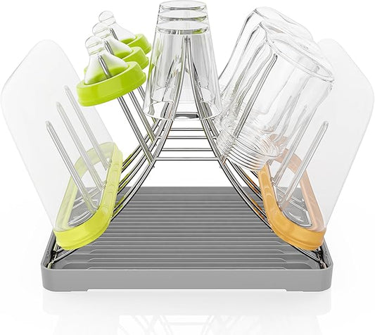 Baby Bottle Drying Rack, Space Saving Bottle Drying Tree Rack with Drainboard for Cups, Mugs and Glass, Sports Bottle, Holds Up to 15 Baby Bottles ，Foldable,Stainless Steel,