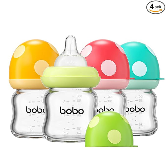 YOHKOH Natural Glass Baby Bottle with Level 1 Slow Flow Nipple, Newborn Anti-Colic Baby Bottles, Wide Neck Mushroom Baby Glass Bottle (Multicolour-A, 3.4oz (Pack of 4))