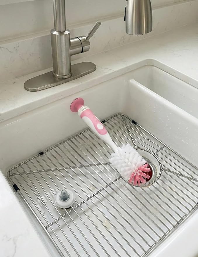 Baby Bottle Brush Set 4 in 1, Baby Bottle Cleaner, with 1P Nylon Bottle Brush, 1P Bottle Cap Brushes, 2P Straw Brushes, Bottle Brush with Nipple Cleaner and Suction Cup, BPA-Free(Pink)