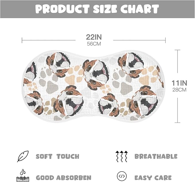 Muslin Burp Cloths for Baby Boys and Girls - 1-Pack Ultra Absorbent English Bulldog Muslin Washcloths, Newborn Towel, Milk Spit Up Rags, Burp Cloth Bib for Unisex, 22 x 11 Inch
