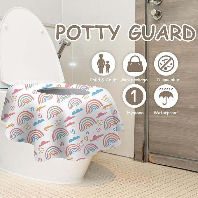 DEEKI 60 Pack Toilet Seat Covers Disposable, Safe No-Slip Waterproof for Kids Toddlers Use in Potty Training Public Restrooms Toilets, Portable Clean Covers for Adults Travel -Rainbow (60 P)