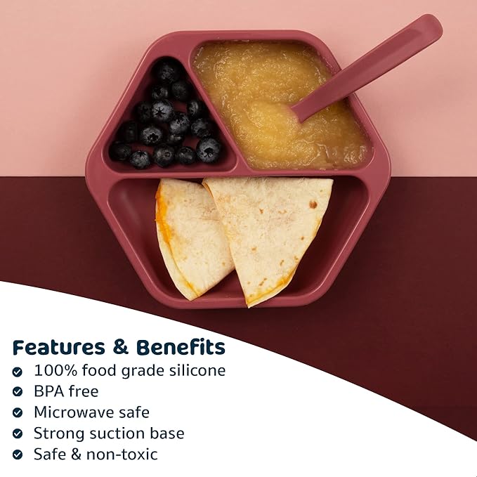 Tiny Twinkle Silicone Suction Baby Plate, Suction Grip Divided Dish for First Foods and Self-Feeding Toddlers, Baby Led Weaning Supplies for Independent Eating (Burgundy Plate)