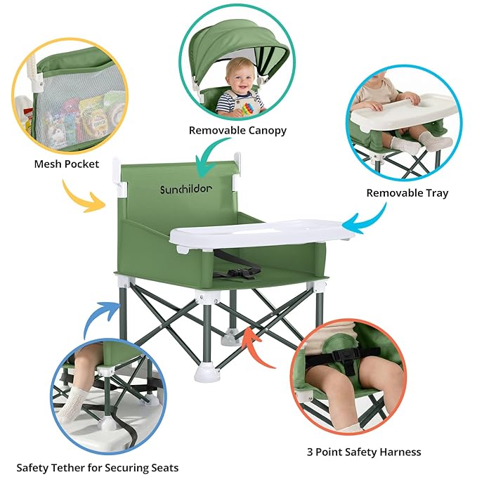 Portable Baby Booster Seat with Removable Tray & Canopy - 3 Point Safety Harness, Compact Fold for Travel, Indoor Outdoor Use for Infants & Toddlers, Green
